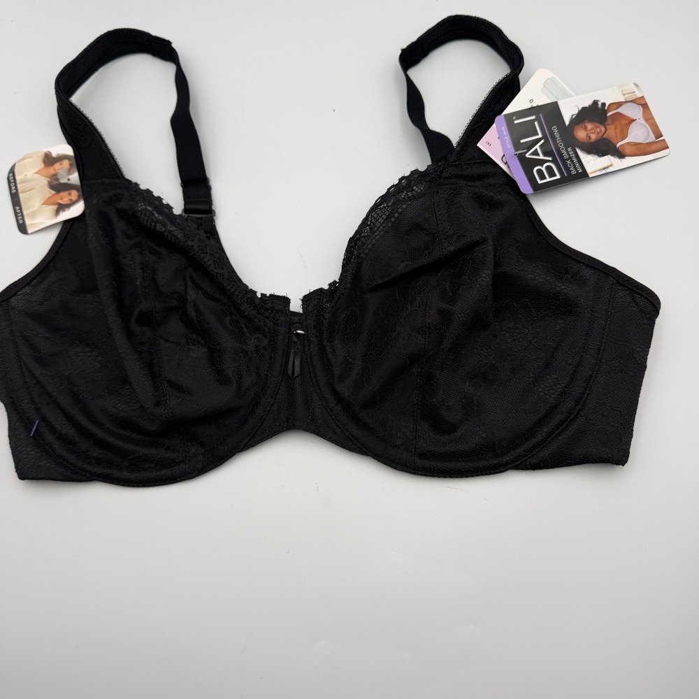 Bali Back Smoothing Minimizer Bra Black Lace Underwire 3446 36D